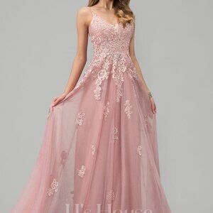 A-Line V-neck Floor-Length Tulle Dress with Lace